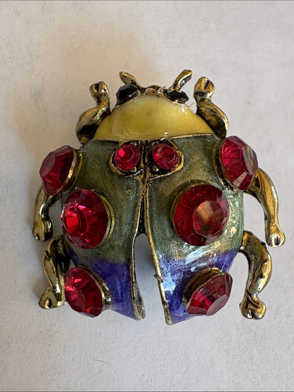 Enamel Beetle Brooch with Red Crystal Accents